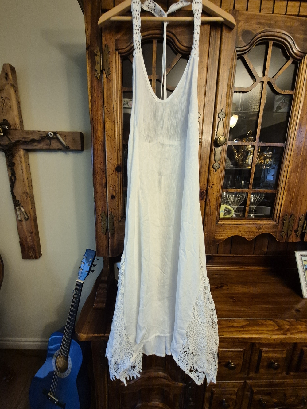 Boho Zanzea White Crochet-Hem Women's Beach Coverup Dress Size Med.